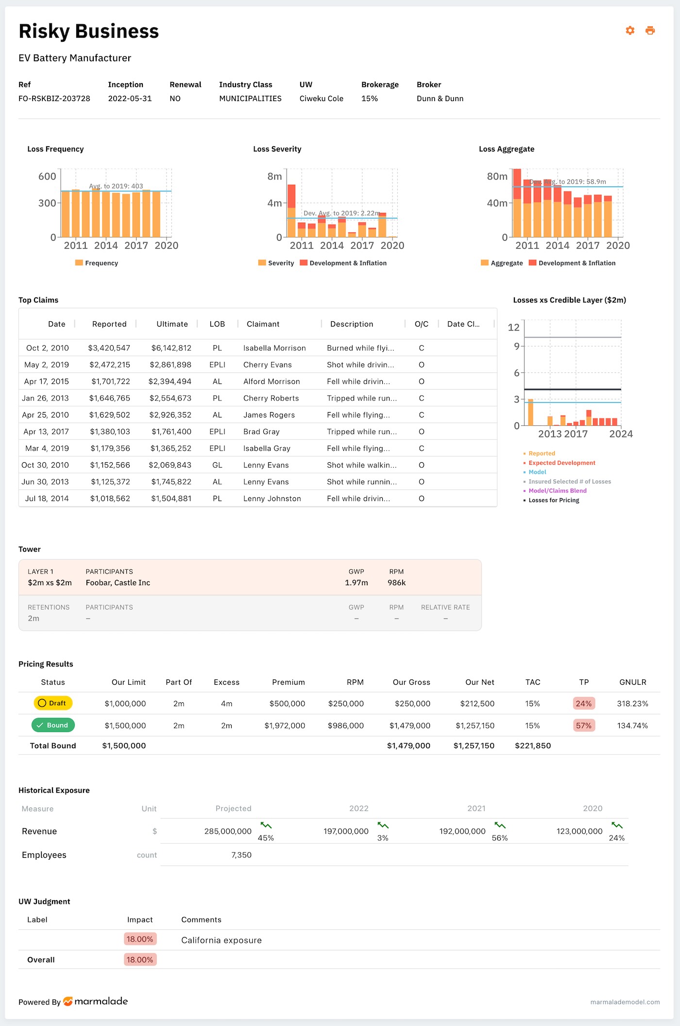 The summary page from Marmalade showing various aspects of a submission including charts, top losses, the tower, and flags to name a few