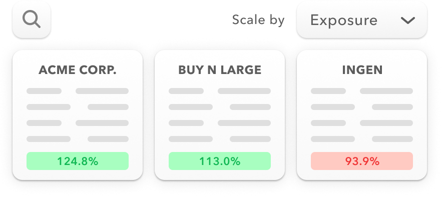 Small cards representing different insurance accounts sit below a search icon and a 'scale by exposure' control, hinting at the capabilities of Marmalade's deal comparison feature